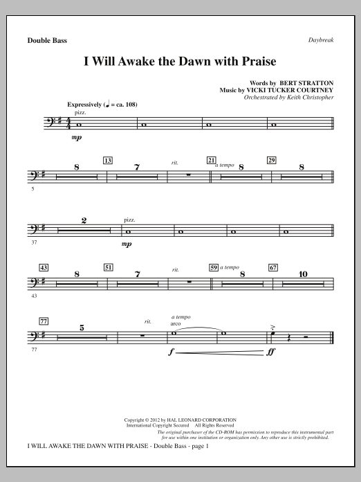 Vicki Tucker Courtney I Will Awake The Dawn With Praise - Double Bass sheet music notes and chords arranged for Choir Instrumental Pak
