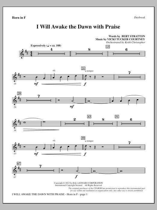 Vicki Tucker Courtney I Will Awake The Dawn With Praise - F Horn sheet music notes and chords arranged for Choir Instrumental Pak