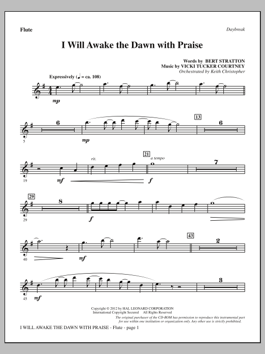 Vicki Tucker Courtney I Will Awake The Dawn With Praise - Flute sheet music notes and chords arranged for Choir Instrumental Pak