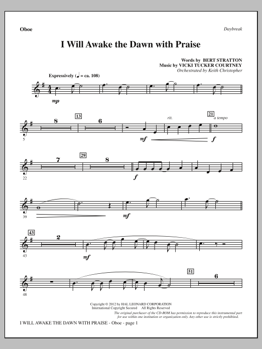 Vicki Tucker Courtney I Will Awake The Dawn With Praise - Oboe sheet music notes and chords arranged for Choir Instrumental Pak