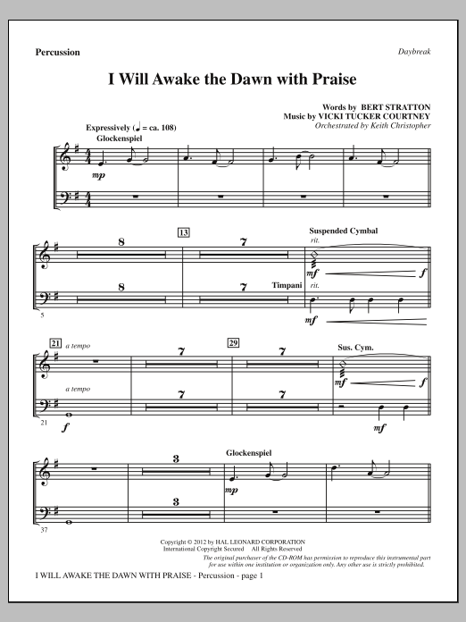Vicki Tucker Courtney I Will Awake The Dawn With Praise - Percussion sheet music notes and chords arranged for Choir Instrumental Pak