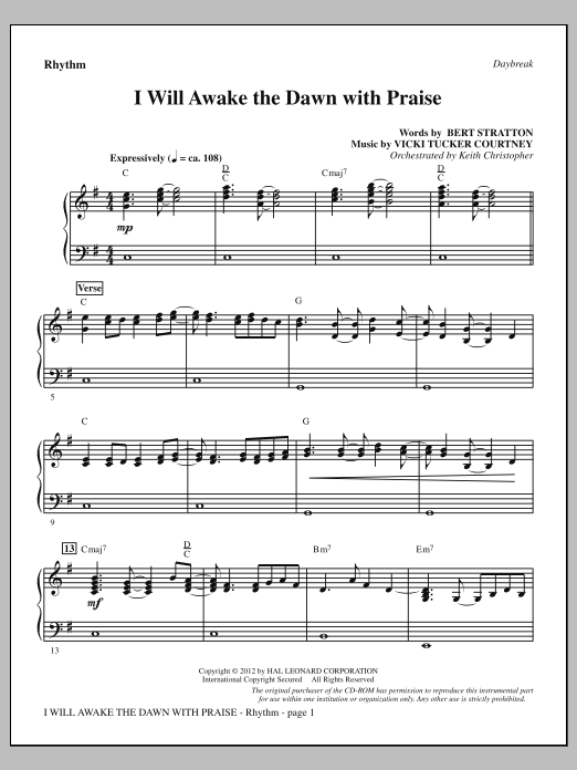 Vicki Tucker Courtney I Will Awake The Dawn With Praise - Rhythm sheet music notes and chords arranged for Choir Instrumental Pak