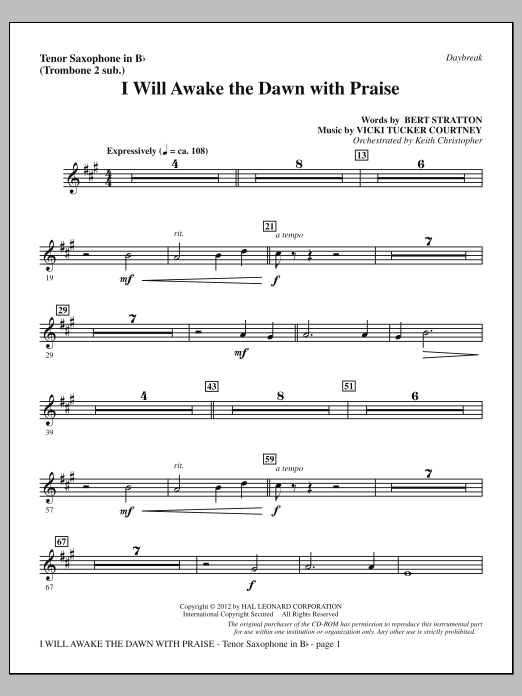 Vicki Tucker Courtney I Will Awake The Dawn With Praise - Tenor Sax (sub. Tbn 2) sheet music notes and chords arranged for Choir Instrumental Pak
