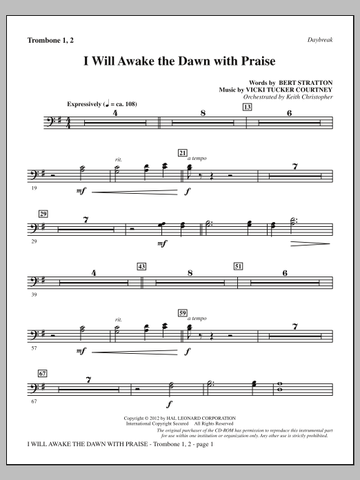 Vicki Tucker Courtney I Will Awake The Dawn With Praise - Trombone 1 & 2 sheet music notes and chords arranged for Choir Instrumental Pak
