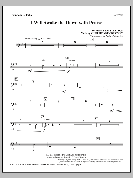 Vicki Tucker Courtney I Will Awake The Dawn With Praise - Trombone 3/Tuba sheet music notes and chords arranged for Choir Instrumental Pak