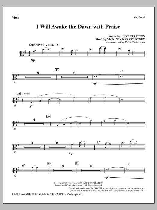 Vicki Tucker Courtney I Will Awake The Dawn With Praise - Viola sheet music notes and chords arranged for Choir Instrumental Pak