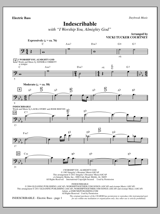 Vicki Tucker Courtney Indescribable - Bass sheet music notes and chords arranged for Choir Instrumental Pak