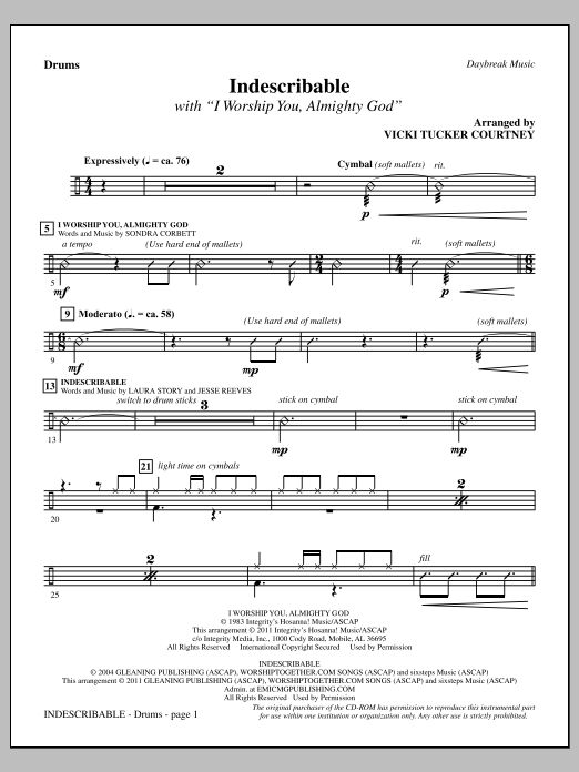Vicki Tucker Courtney Indescribable - Drums sheet music notes and chords arranged for Choir Instrumental Pak