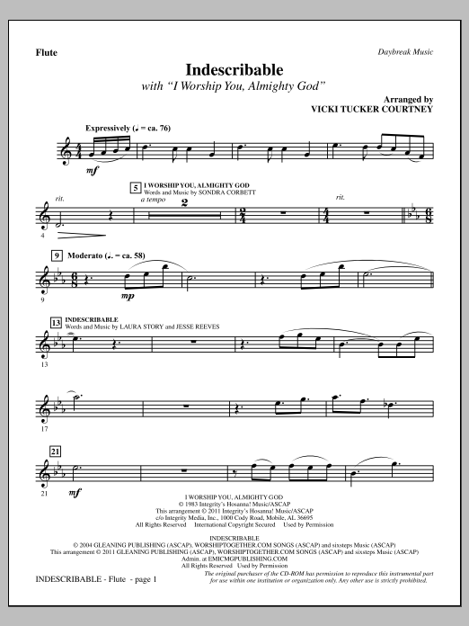 Vicki Tucker Courtney Indescribable - Flute sheet music notes and chords arranged for Choir Instrumental Pak
