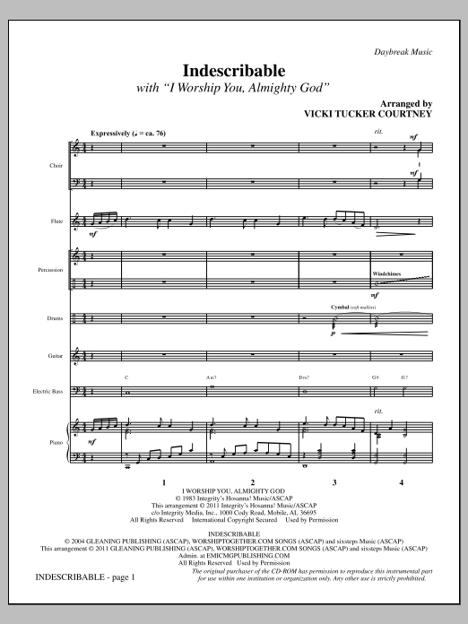 Vicki Tucker Courtney Indescribable - Full Score sheet music notes and chords arranged for Choir Instrumental Pak
