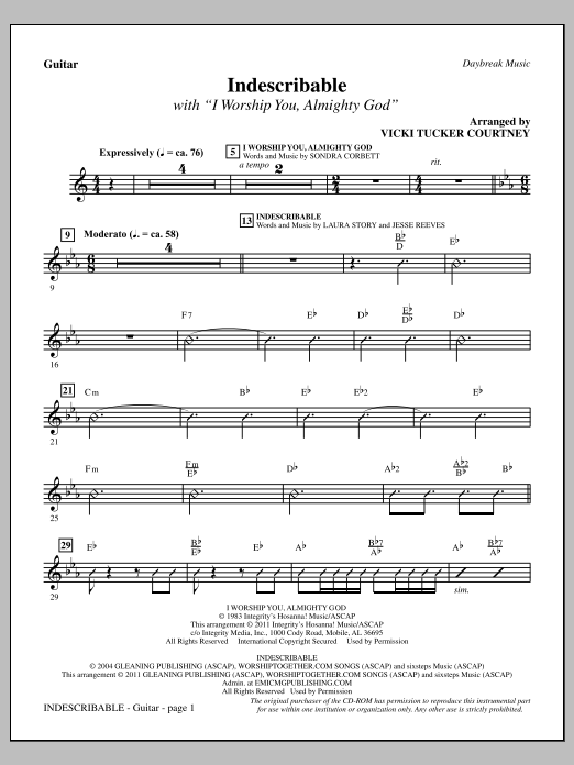 Vicki Tucker Courtney Indescribable - Guitar sheet music notes and chords arranged for Choir Instrumental Pak