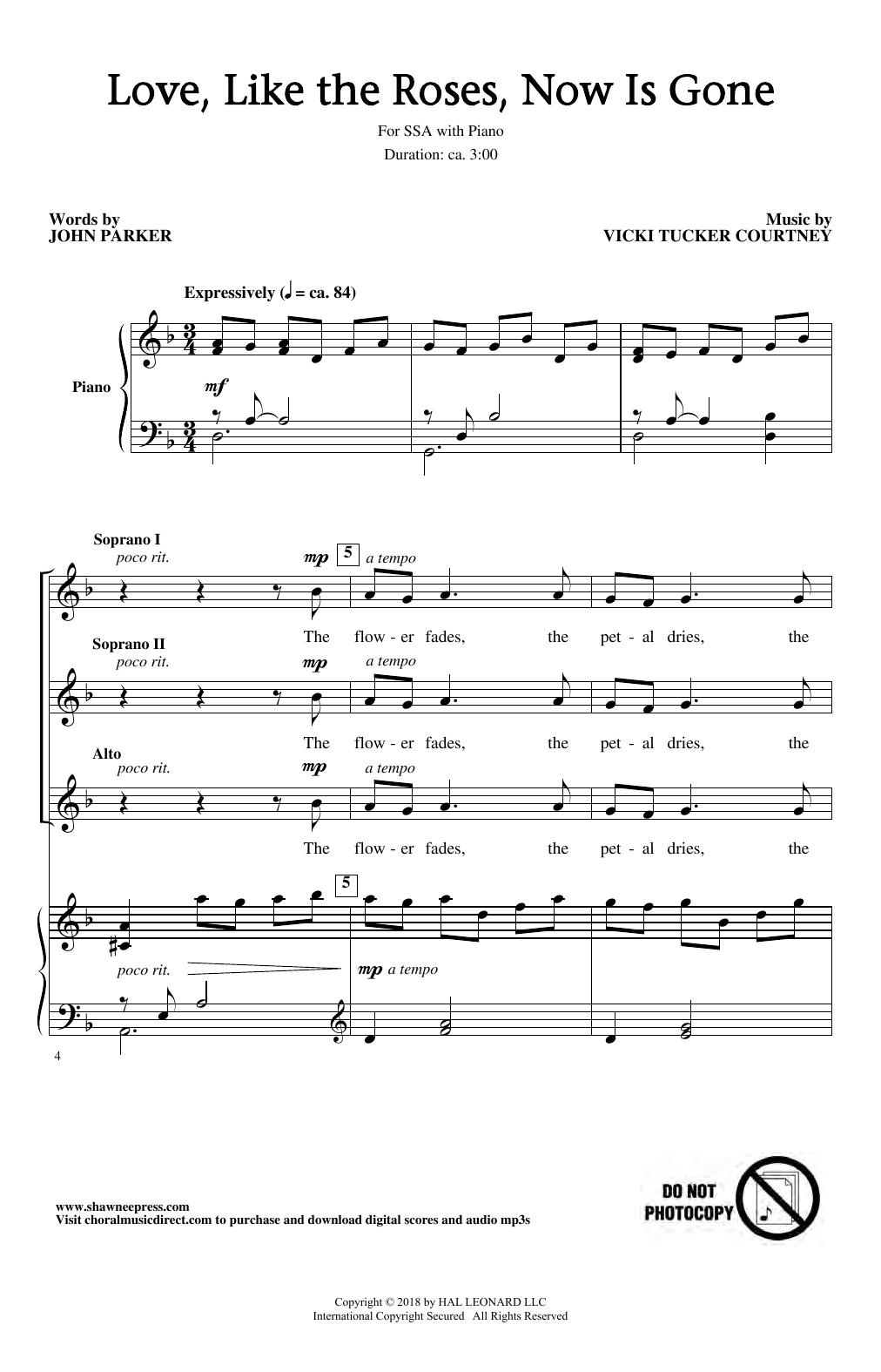 Vicki Tucker Courtney Love, Like The Roses, Now Is Gone sheet music notes and chords arranged for SSA Choir