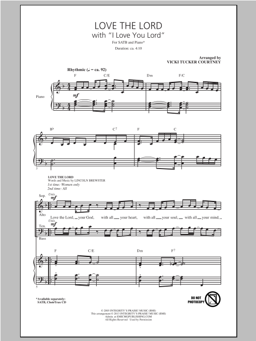 Vicki Tucker Courtney Love The Lord (with I Love You Lord) sheet music notes and chords arranged for SATB Choir
