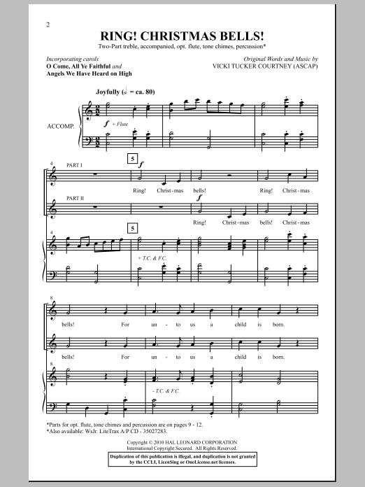Vicki Tucker Courtney Ring! Christmas Bells! sheet music notes and chords arranged for 2-Part Choir