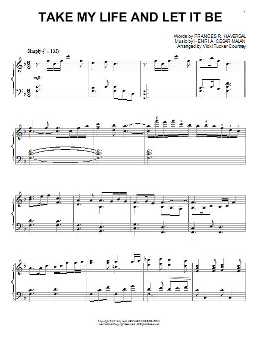 Vicki Tucker Courtney Take My Life And Let It Be sheet music notes and chords arranged for Piano Solo