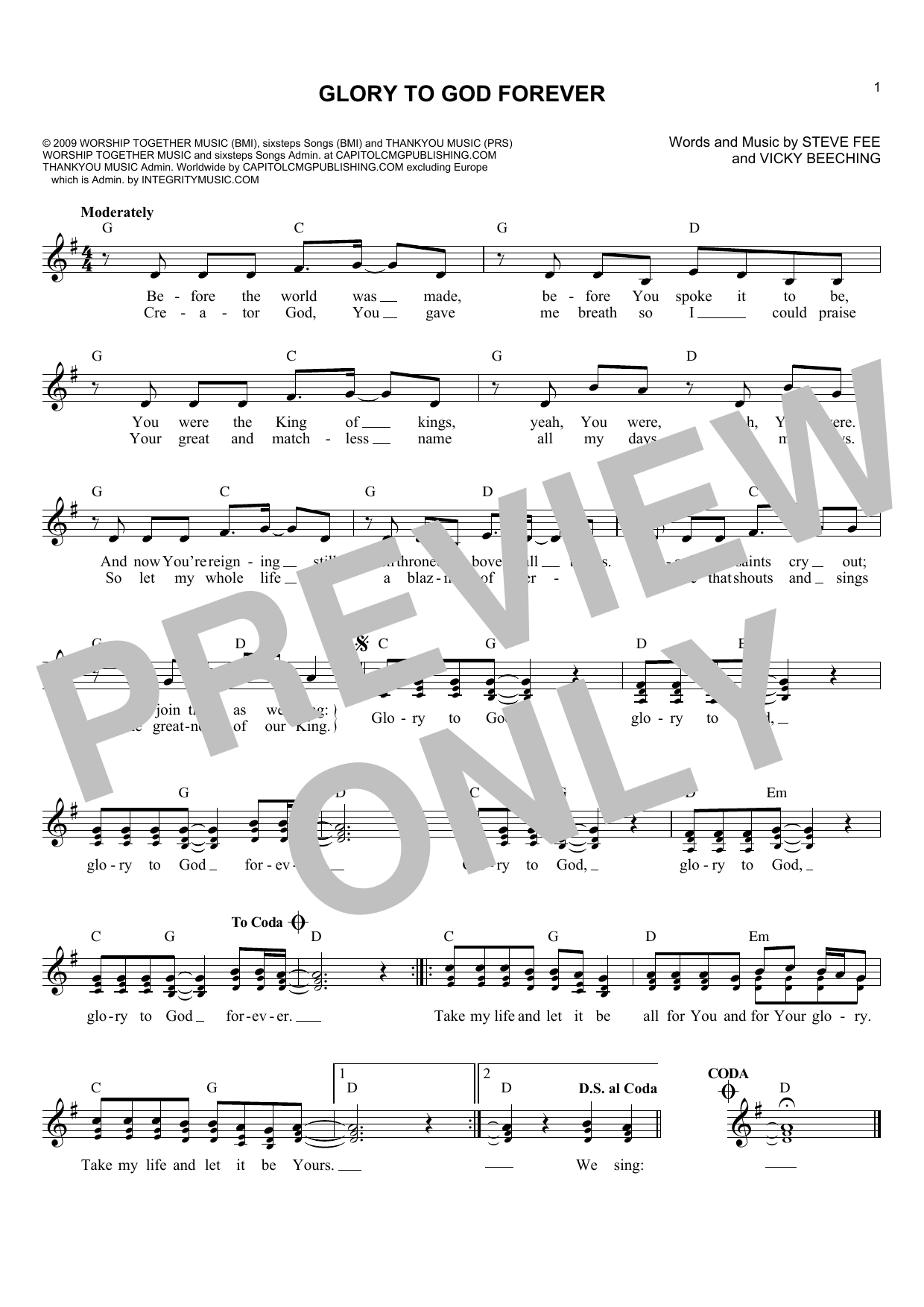 Vicky Beeching Glory To God Forever sheet music notes and chords arranged for Lead Sheet / Fake Book