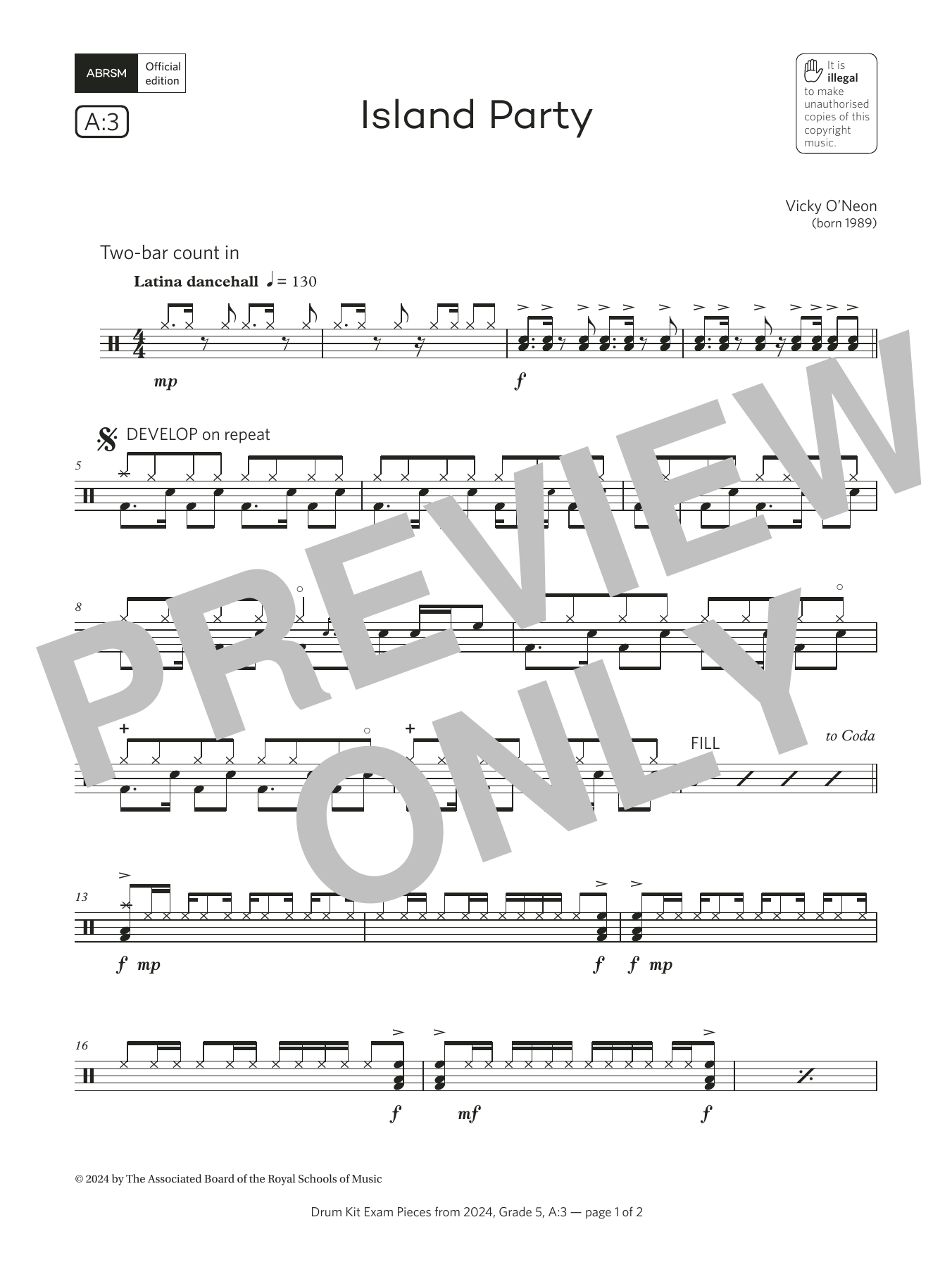 Vicky O'Neon Island Party (Grade 5, list A3, from the ABRSM Drum Kit Syllabus 2024) sheet music notes and chords arranged for Drums