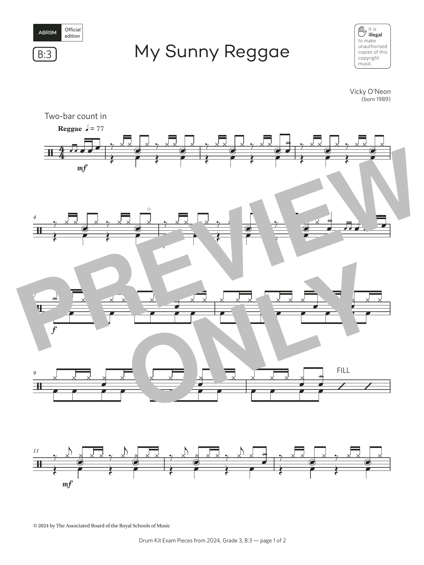 Vicky O'Neon My Sunny Reggae (Grade 3, list B3, from the ABRSM Drum Kit Syllabus 2024) sheet music notes and chords arranged for Drums