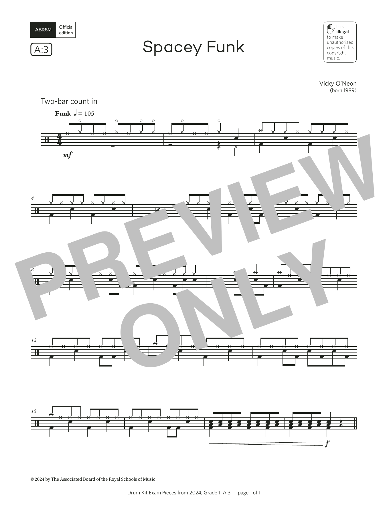 Vicky O'Neon Spacey Funk (Grade 1, list A3, from the ABRSM Drum Kit Syllabus 2024) sheet music notes and chords arranged for Drums