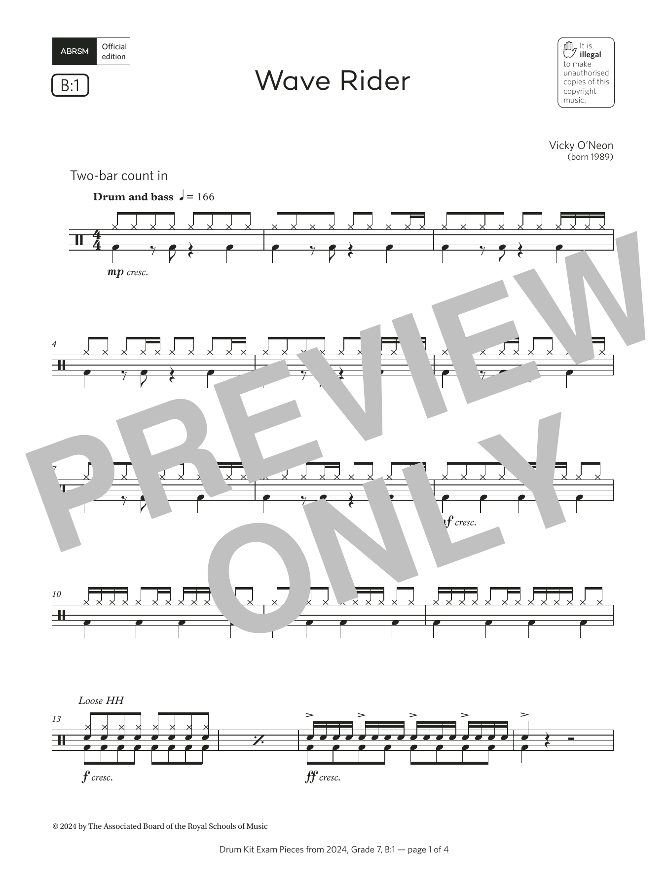 Vicky O'Neon Wave Rider (Grade 7, list B1, from the ABRSM Drum Kit Syllabus 2024) sheet music notes and chords arranged for Drums