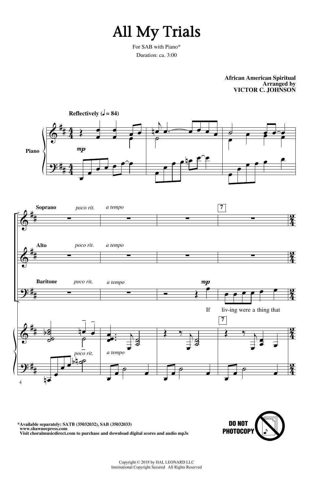 Victor C. Johnson All My Trials sheet music notes and chords arranged for SAB Choir