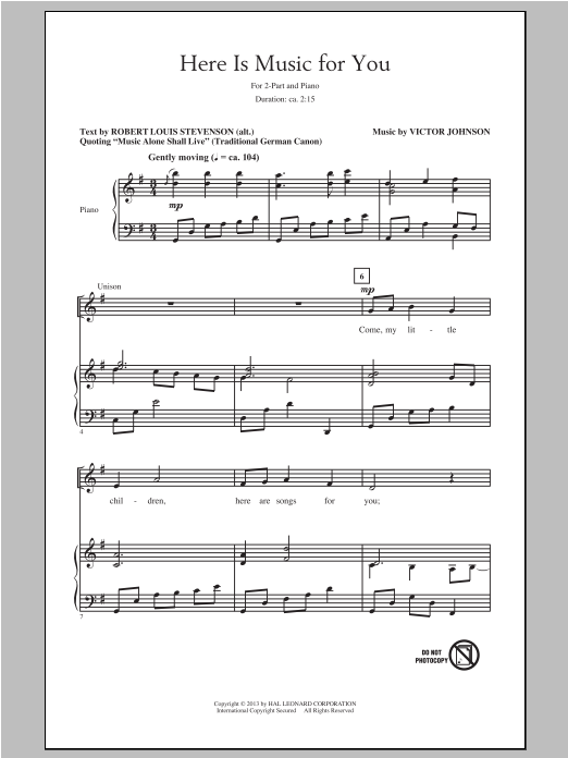 Victor C. Johnson Here Is Music For You sheet music notes and chords arranged for 2-Part Choir