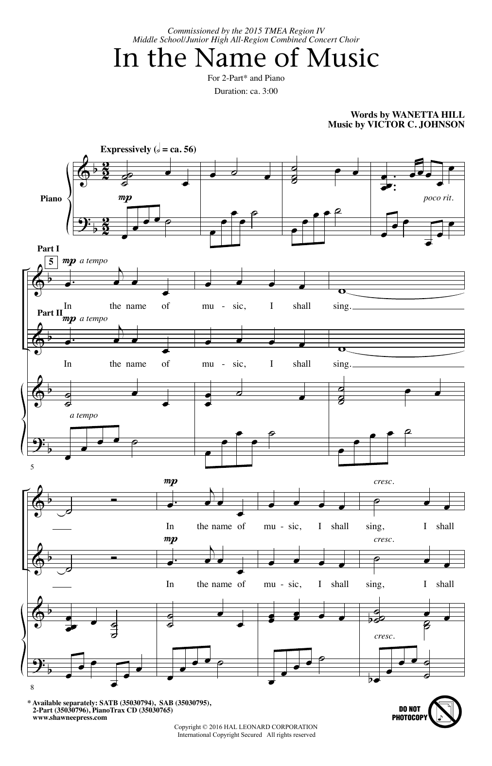 Victor C. Johnson In The Name Of Music sheet music notes and chords arranged for SAB Choir