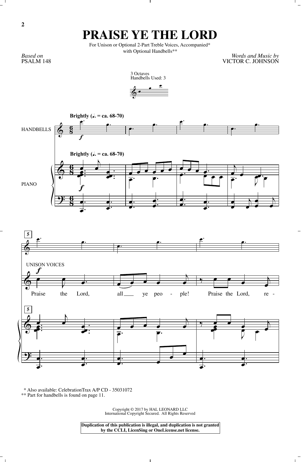 Victor C. Johnson Praise Ye The Lord sheet music notes and chords arranged for Unison Choir