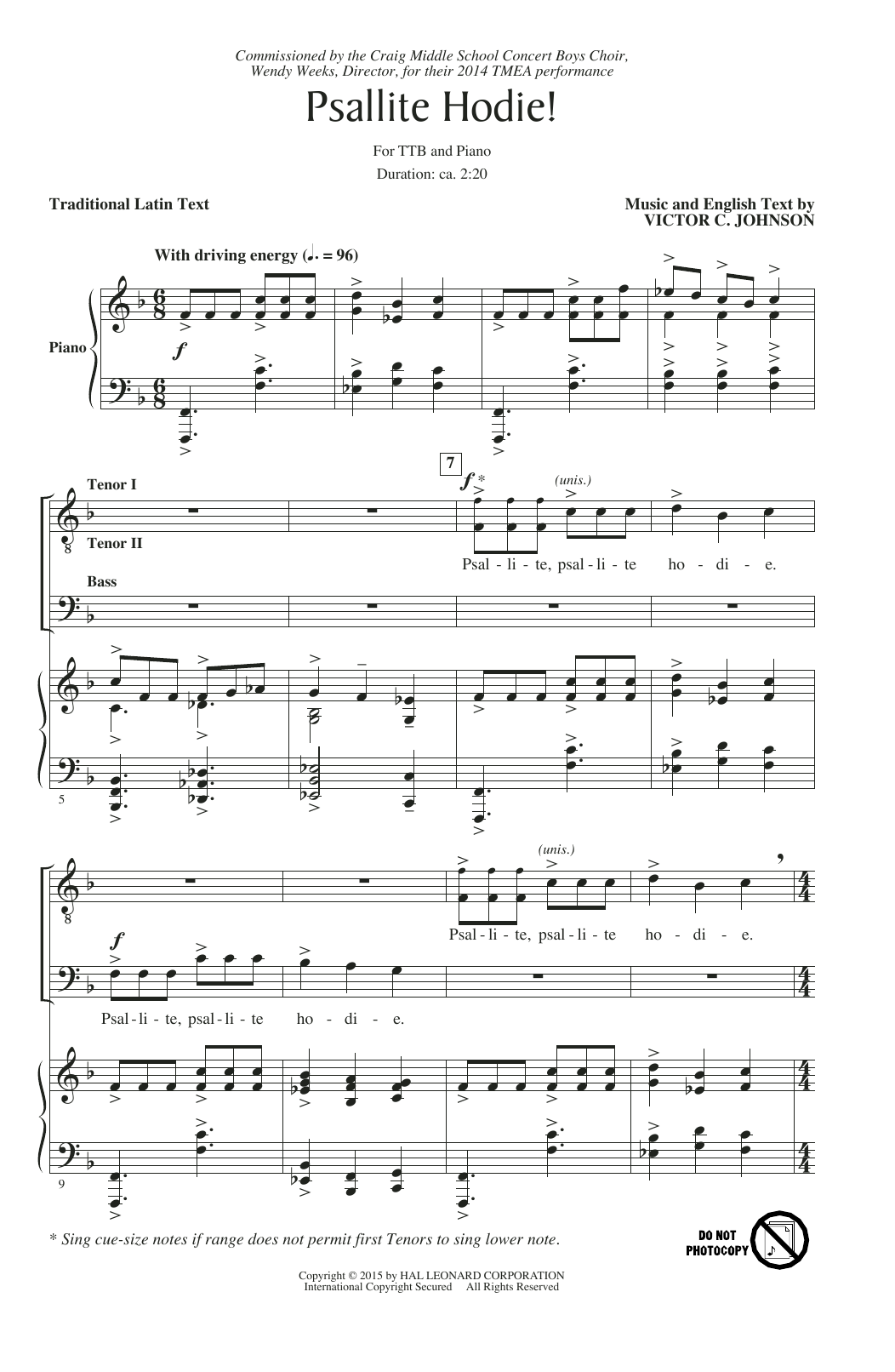 Victor C. Johnson Psallite Hodie! sheet music notes and chords arranged for TTB Choir