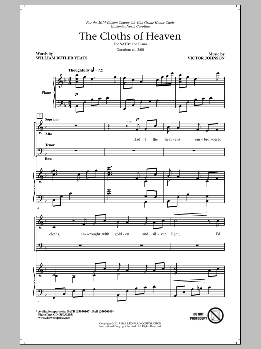 Victor C. Johnson The Cloths Of Heaven sheet music notes and chords arranged for SATB Choir