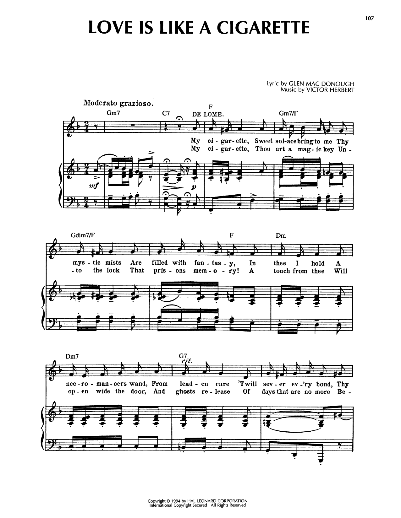 Victor Herbert Love Is Like A Cigarette sheet music notes and chords arranged for Piano, Vocal & Guitar Chords (Right-Hand Melody)