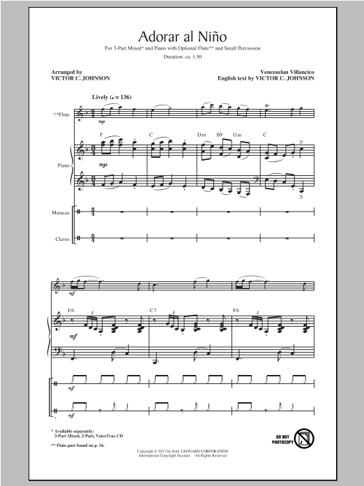 Victor Johnson Adorar Al Nino (Come Adore The Baby) sheet music notes and chords arranged for 3-Part Mixed Choir