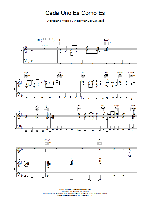 Victor Manuel San Jose Cada Uno Es Como Es sheet music notes and chords arranged for Piano, Vocal & Guitar Chords