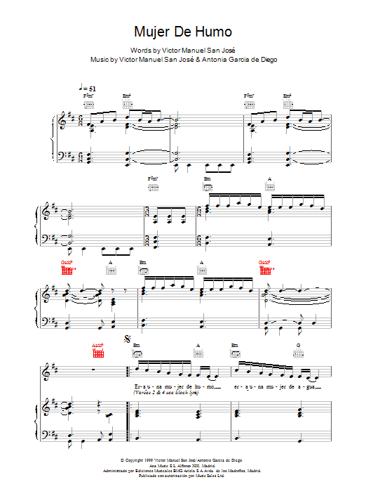 Victor Manuel San Jose Mujer De Humo sheet music notes and chords arranged for Piano, Vocal & Guitar Chords