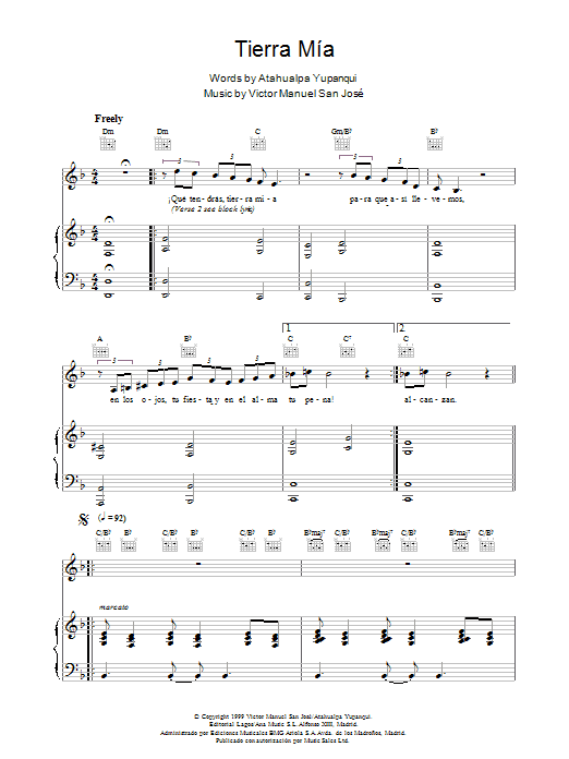 Victor Manuel San Jose Tierra Mía sheet music notes and chords arranged for Piano, Vocal & Guitar Chords