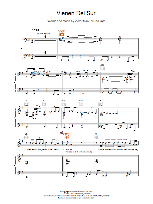 Victor Manuel San Jose Vienen Del Sur sheet music notes and chords arranged for Piano, Vocal & Guitar Chords
