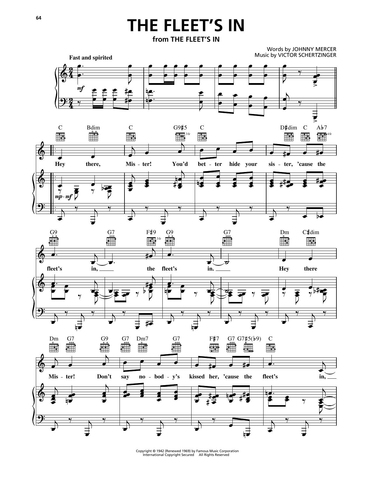 Victor Schertzinger The Fleet's In sheet music notes and chords arranged for Piano, Vocal & Guitar Chords (Right-Hand Melody)