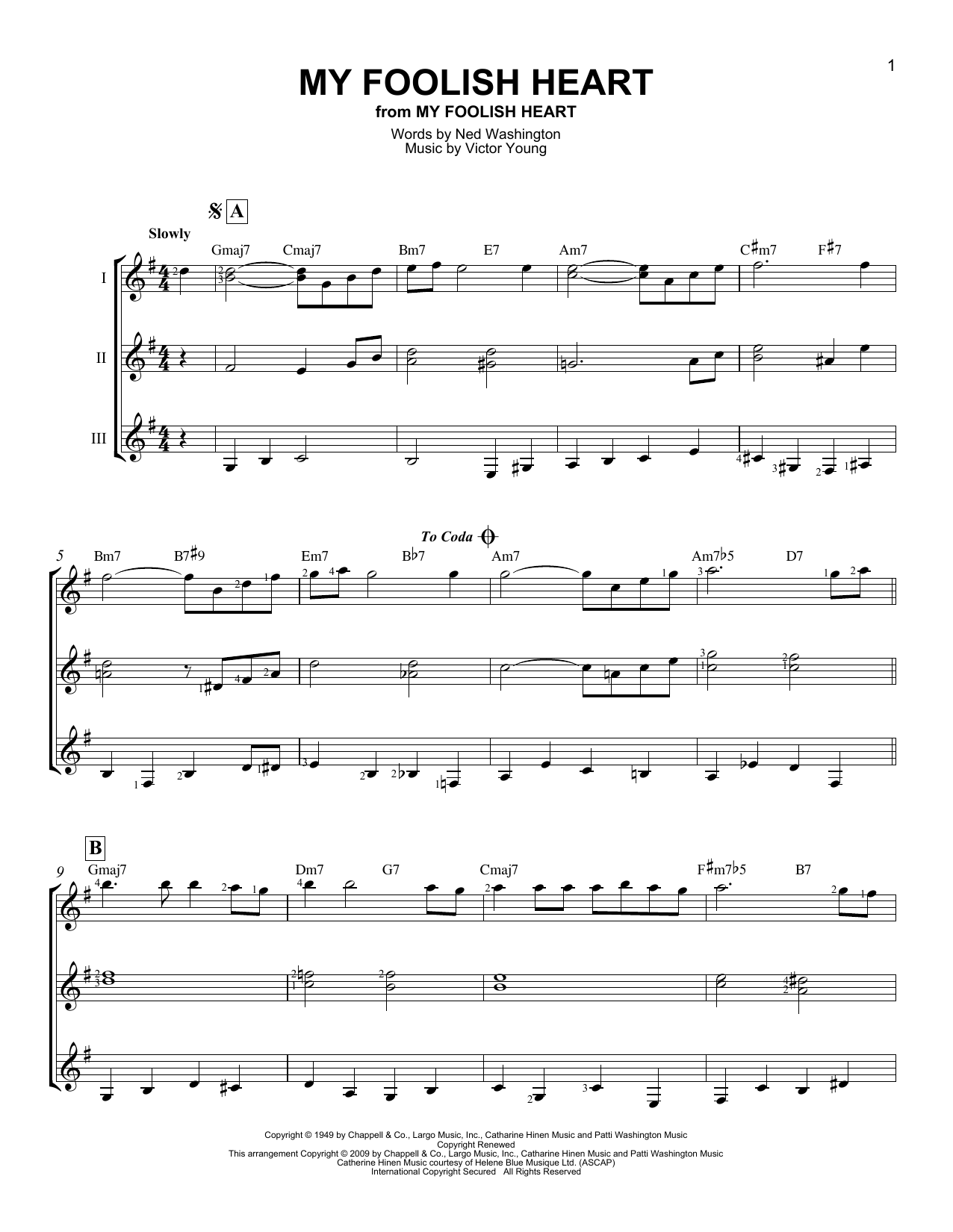 Victor Young My Foolish Heart sheet music notes and chords arranged for Guitar Ensemble