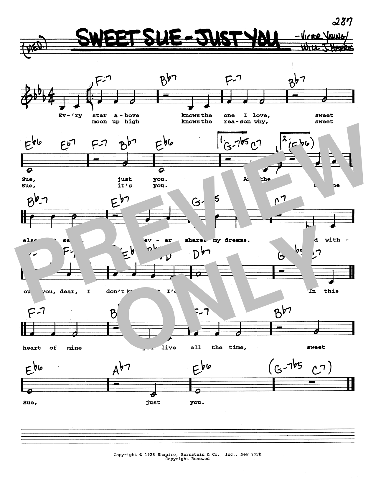 Victor Young Sweet Sue-Just You (Low Voice) sheet music notes and chords arranged for Real Book – Melody, Lyrics & Chords