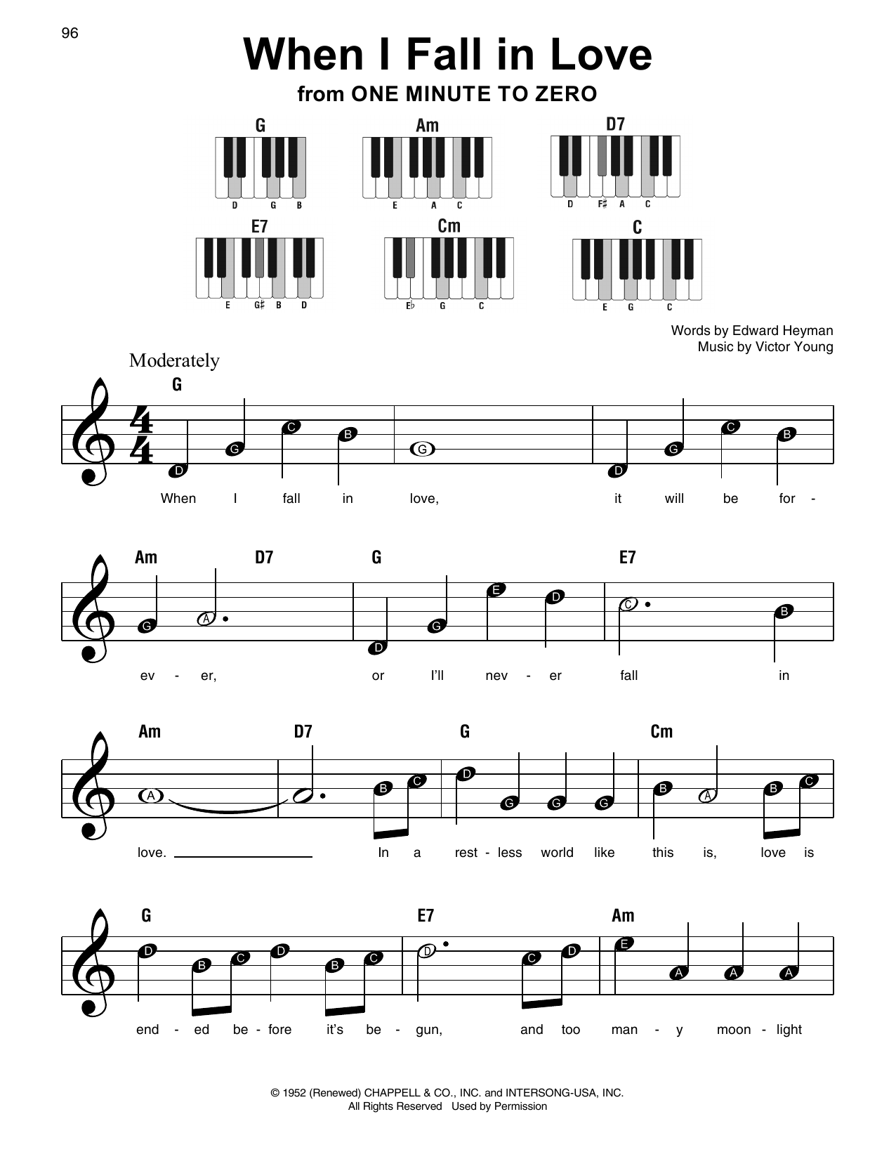 Victor Young When I Fall In Love (from One Minute To Zero) sheet music notes and chords arranged for Super Easy Piano