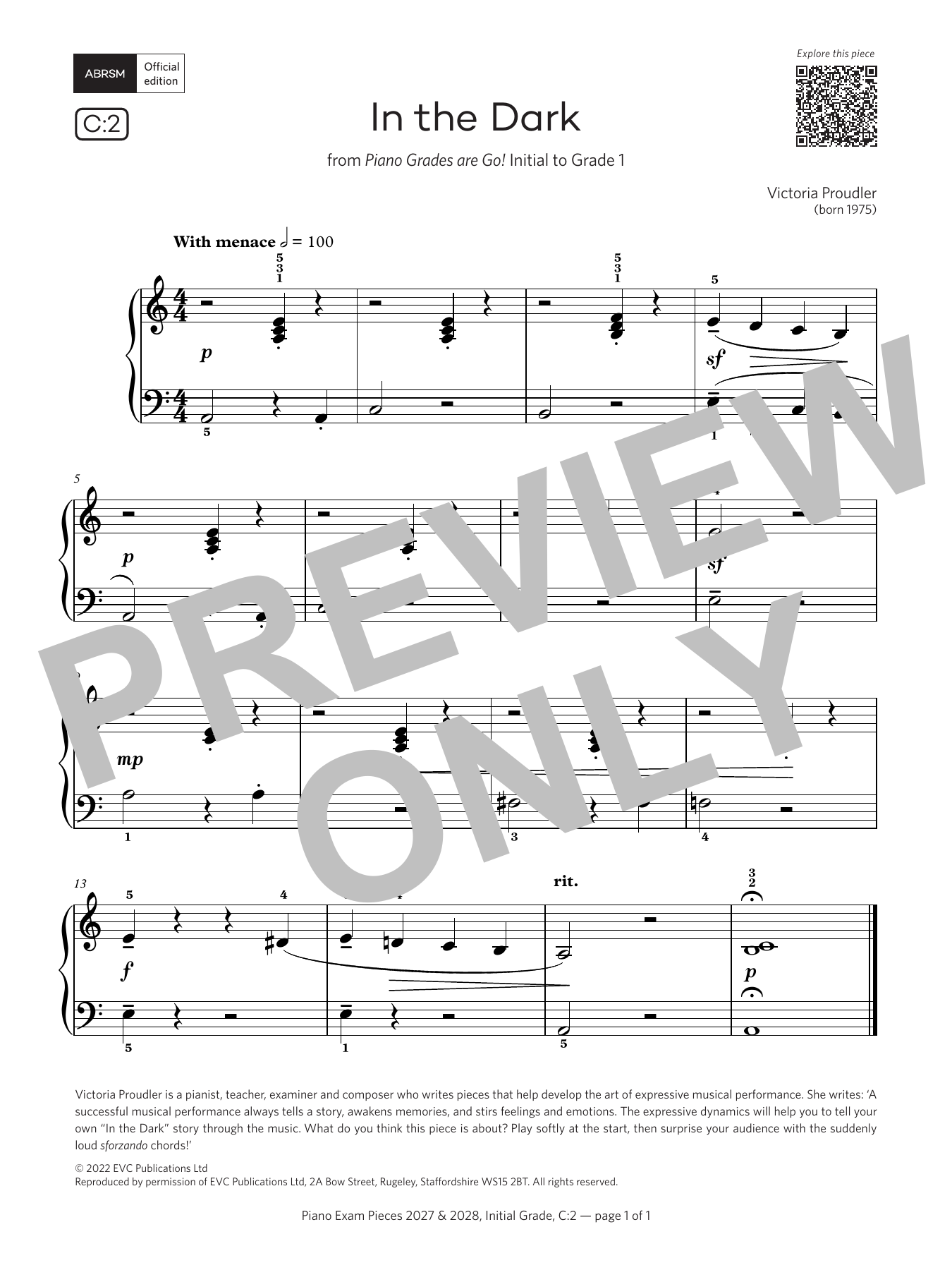 Victoria Proudler In the Dark (Grade Initial, list C2, from the ABRSM Piano Syllabus 2027 & 2028) sheet music notes and chords arranged for Piano Solo