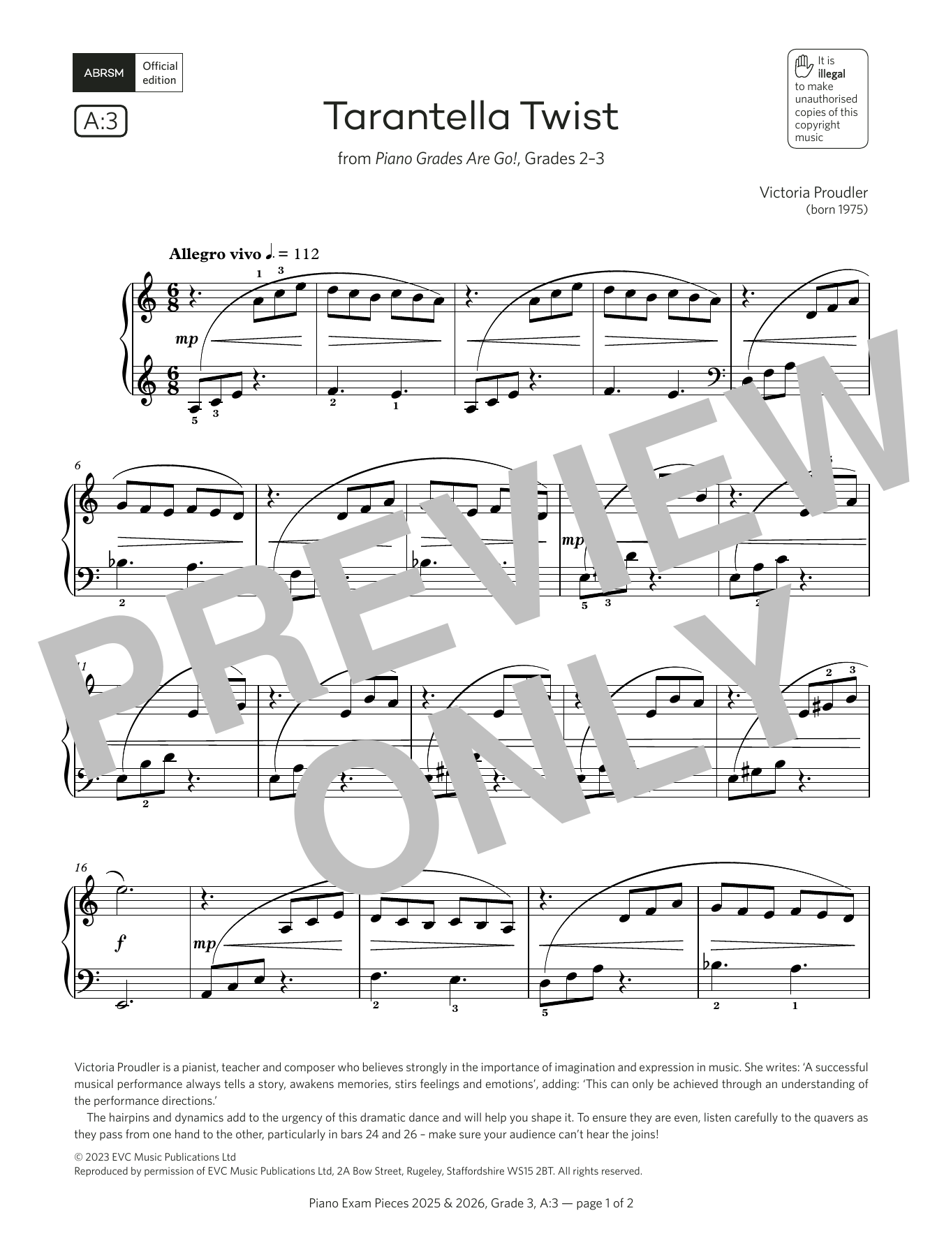 Victoria Proudler Tarantella Twist (Grade 3, list A3, from the ABRSM Piano Syllabus 2025 & 2026) sheet music notes and chords arranged for Piano Solo