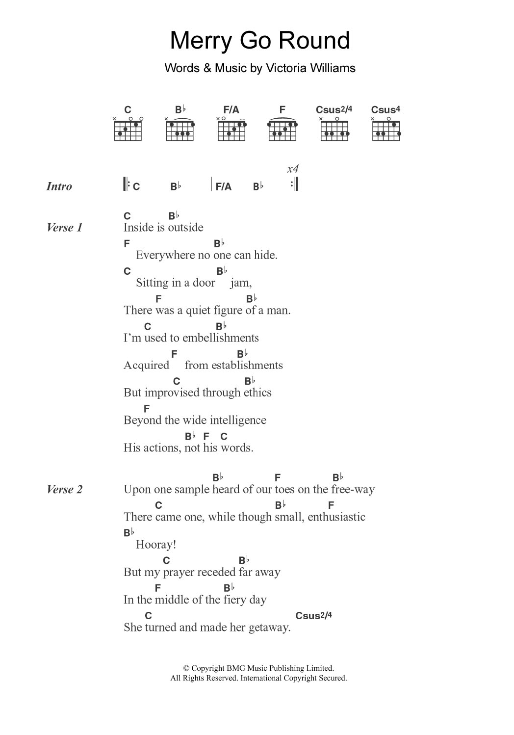 Victoria Williams Merry Go Round sheet music notes and chords arranged for Guitar Chords/Lyrics