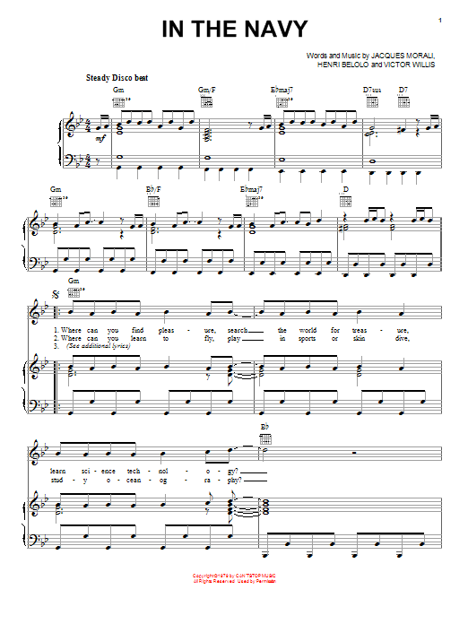 Village People In The Navy sheet music notes and chords arranged for Piano, Vocal & Guitar Chords (Right-Hand Melody)
