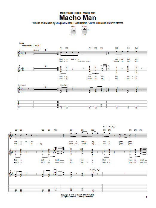 Village People Macho Man sheet music notes and chords arranged for Piano, Vocal & Guitar Chords (Right-Hand Melody)