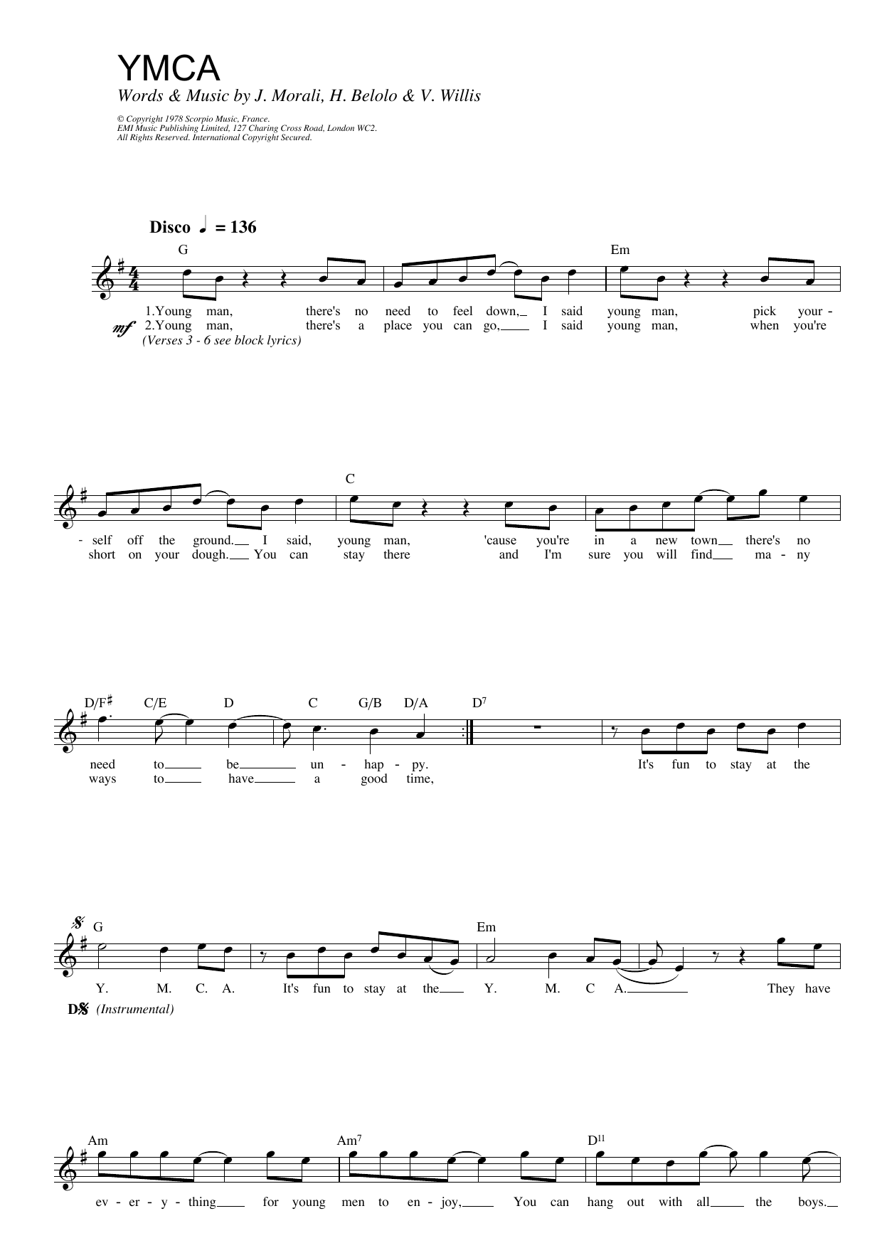 Village People Y.M.C.A. sheet music notes and chords arranged for Easy Bass Tab
