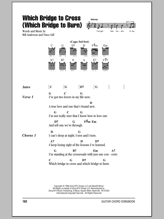 Vince Gill Which Bridge To Cross (Which Bridge To Burn) sheet music notes and chords arranged for Guitar Chords/Lyrics