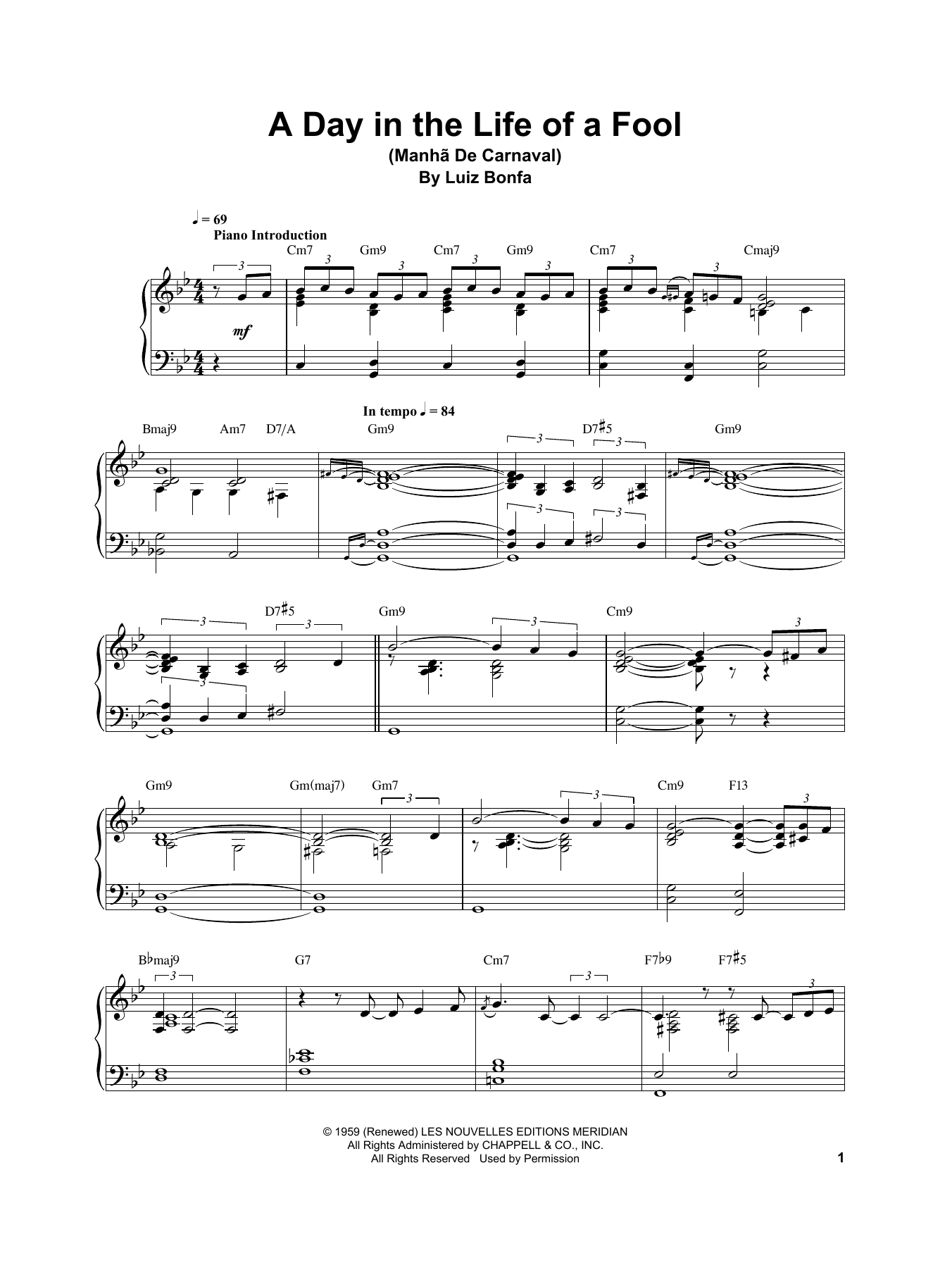 Vince Guaraldi A Day In The Life Of A Fool (Manha De Carnaval) sheet music notes and chords arranged for Piano Transcription
