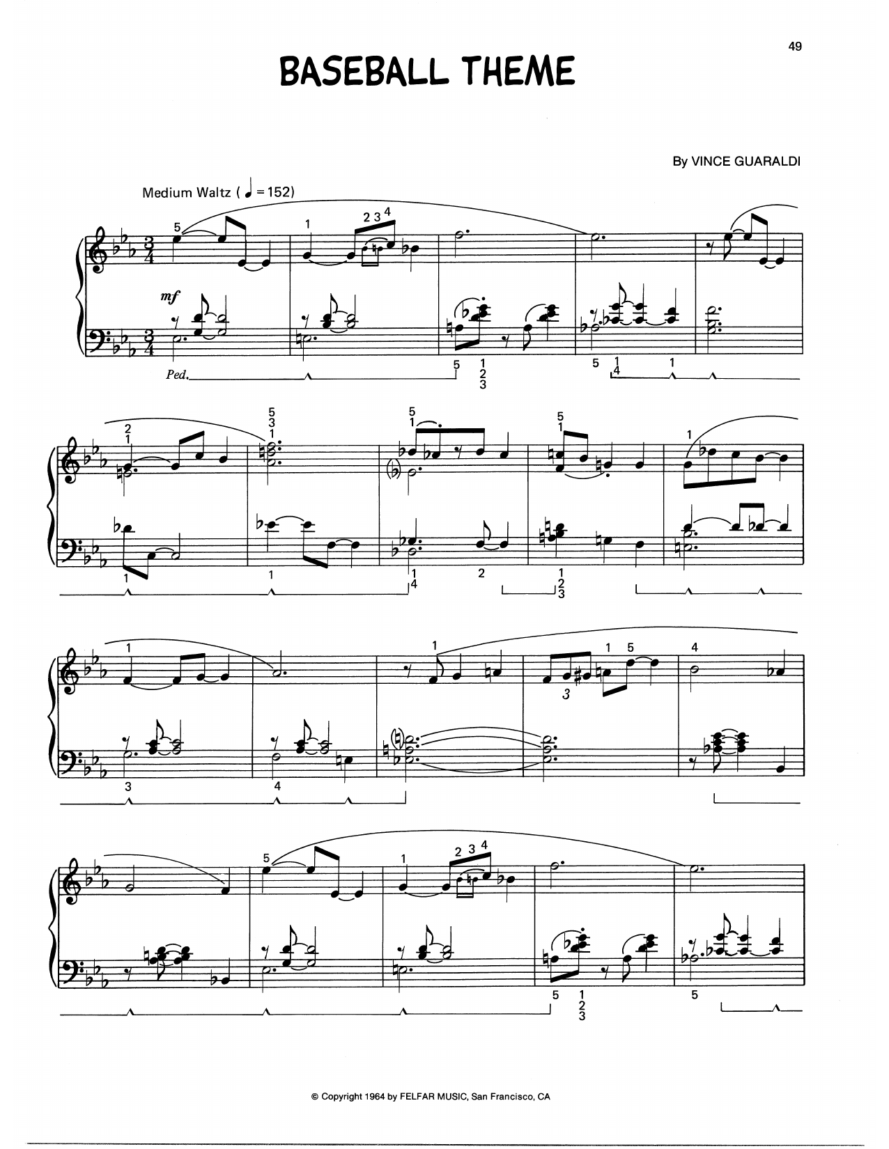 Vince Guaraldi Baseball Theme (arr. Lee Evans) sheet music notes and chords arranged for Piano Solo