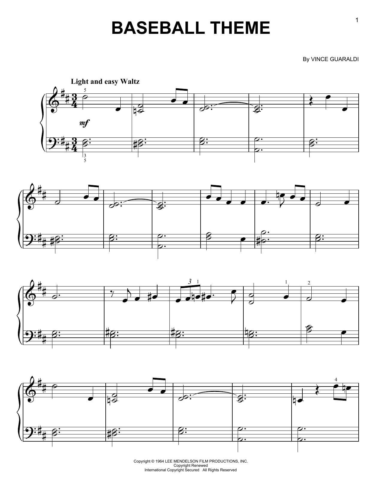 Vince Guaraldi Baseball Theme sheet music notes and chords arranged for Easy Piano